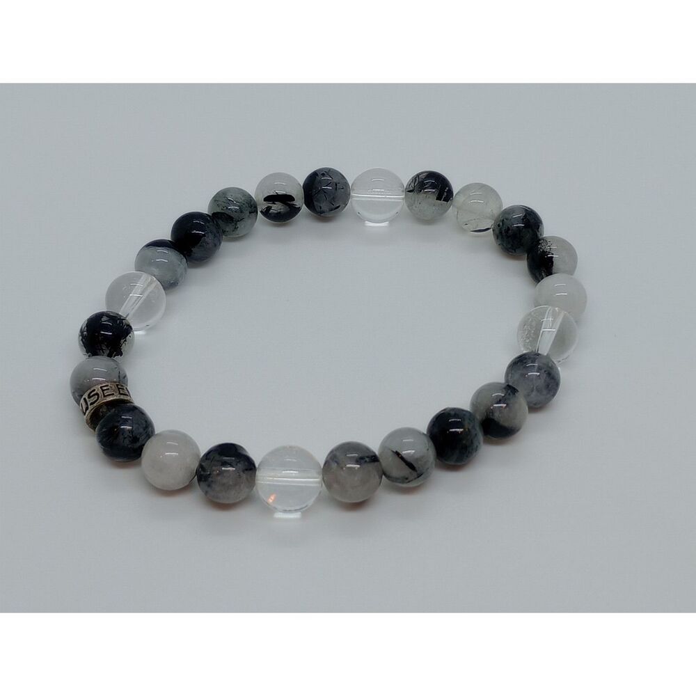 Energy Muse Natural Stone Tourmalated Quartz  6.75" Beaded Stretch Bracelet